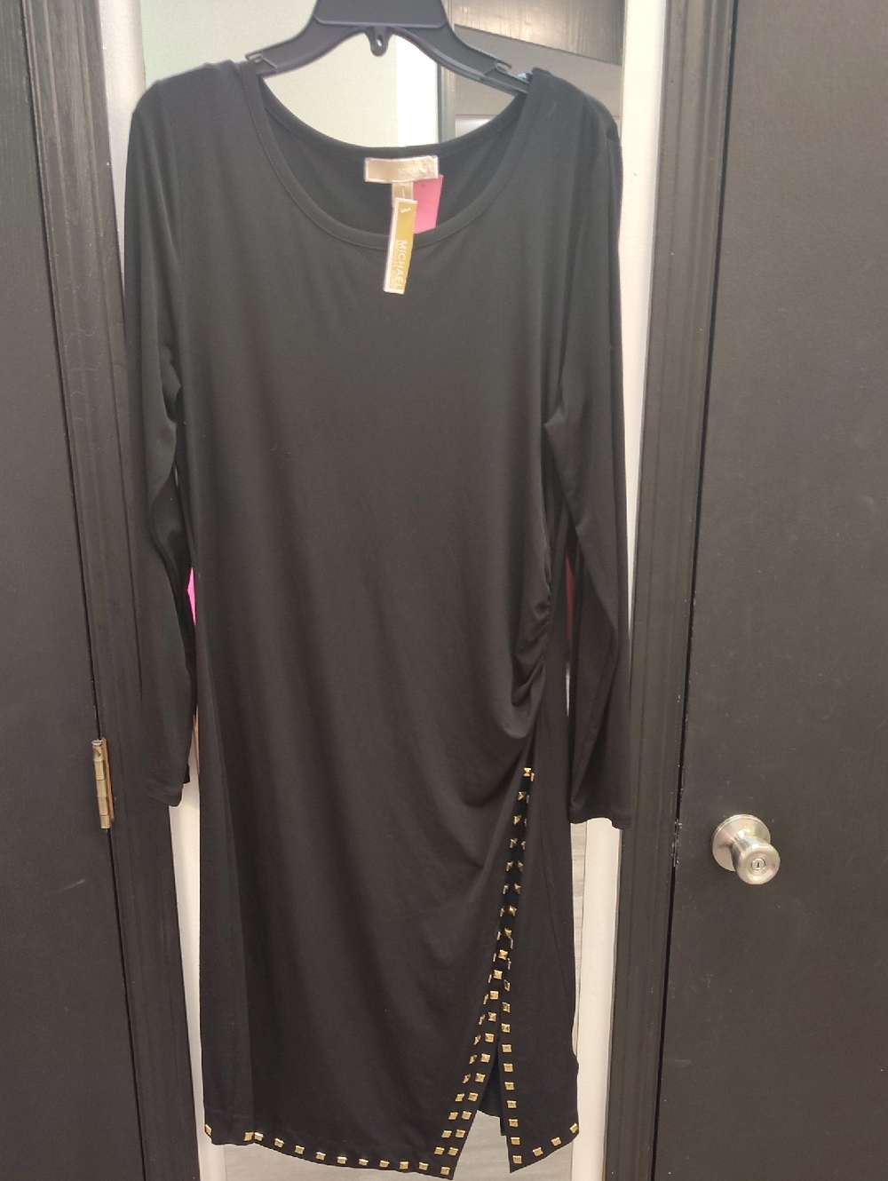 Michael Kors Black Long Sleeve Midi Dress with Gold Stud Trim